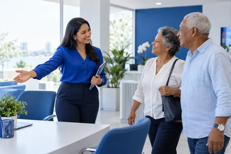 Conversa acolhedora entre uma consultora e um casal